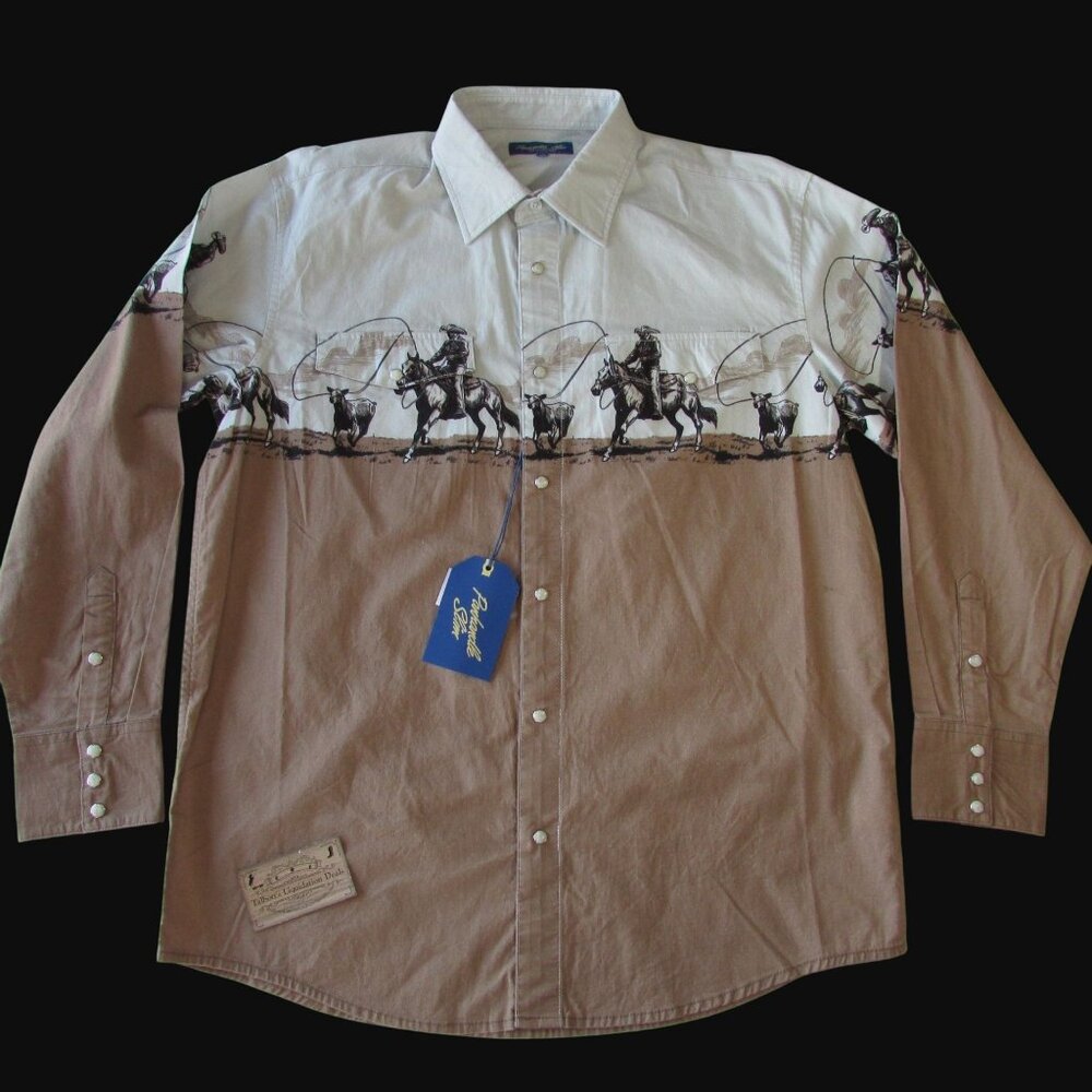 Panhandle Slim Men's LG Long Sleeve Cowboy Roper Border Snap Shirt Tan